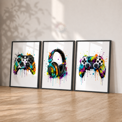 Colourful Gaming Wall Art Set – Controllers & Headphones Gamer Prints
