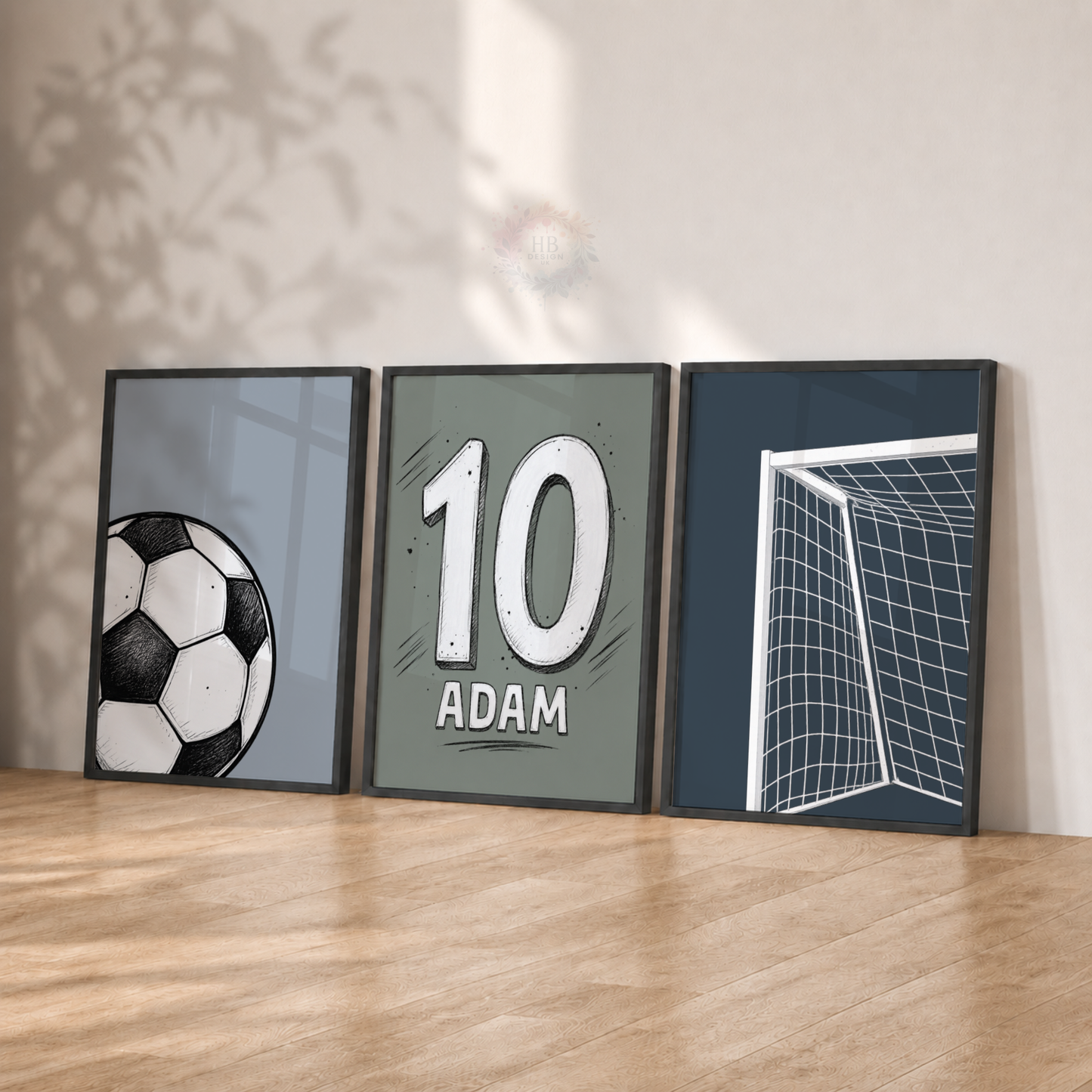 Personalised Football Wall Art Set – Custom Name & Number Soccer Prints for Boys Bedroom