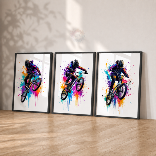 Colourful BMX Bike Wall Art Prints – Set of 3 Graffiti Style Freestyle Cycling Prints