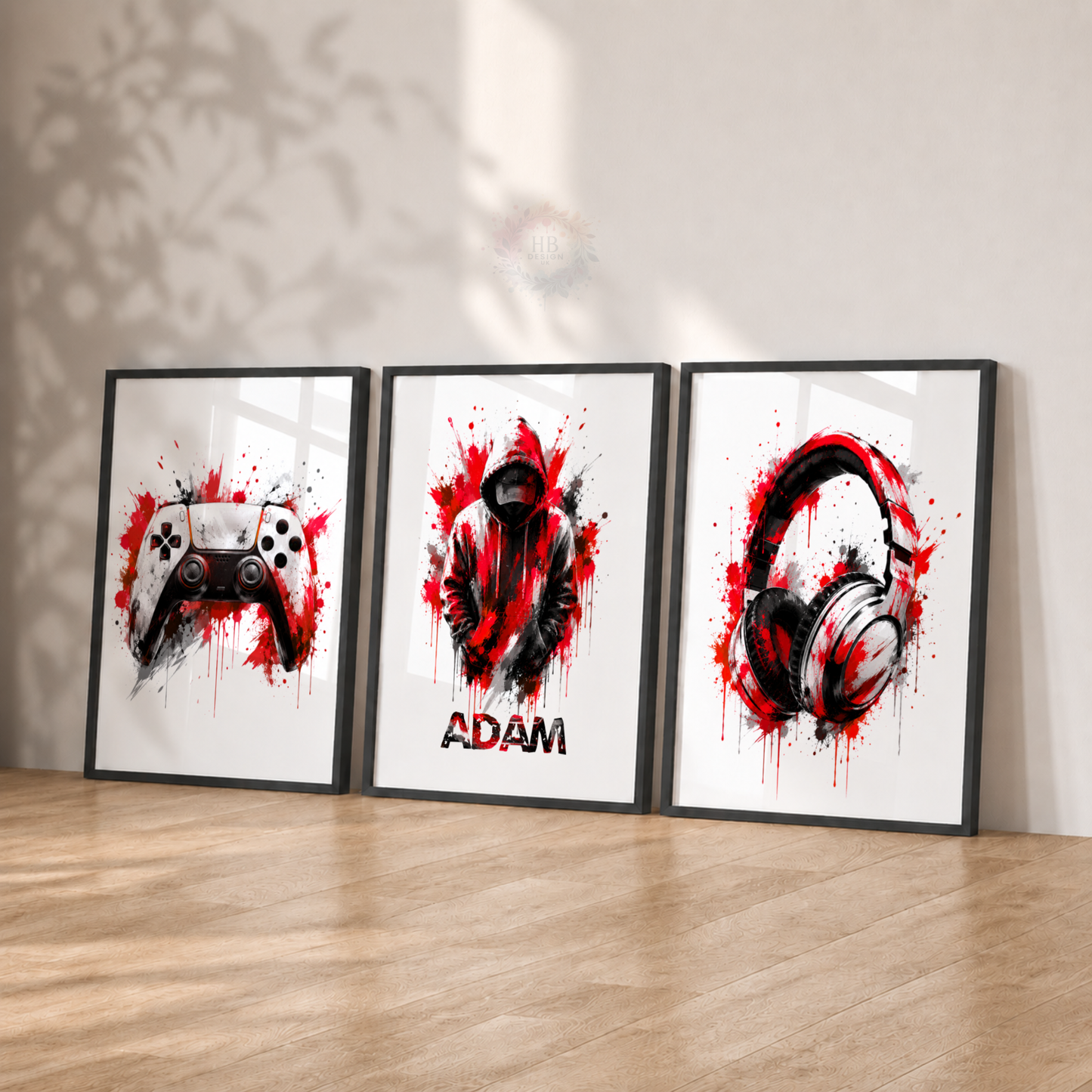 Personalised Red & Black Gamer Wall Art Set – Gaming Controller & Headphones Prints