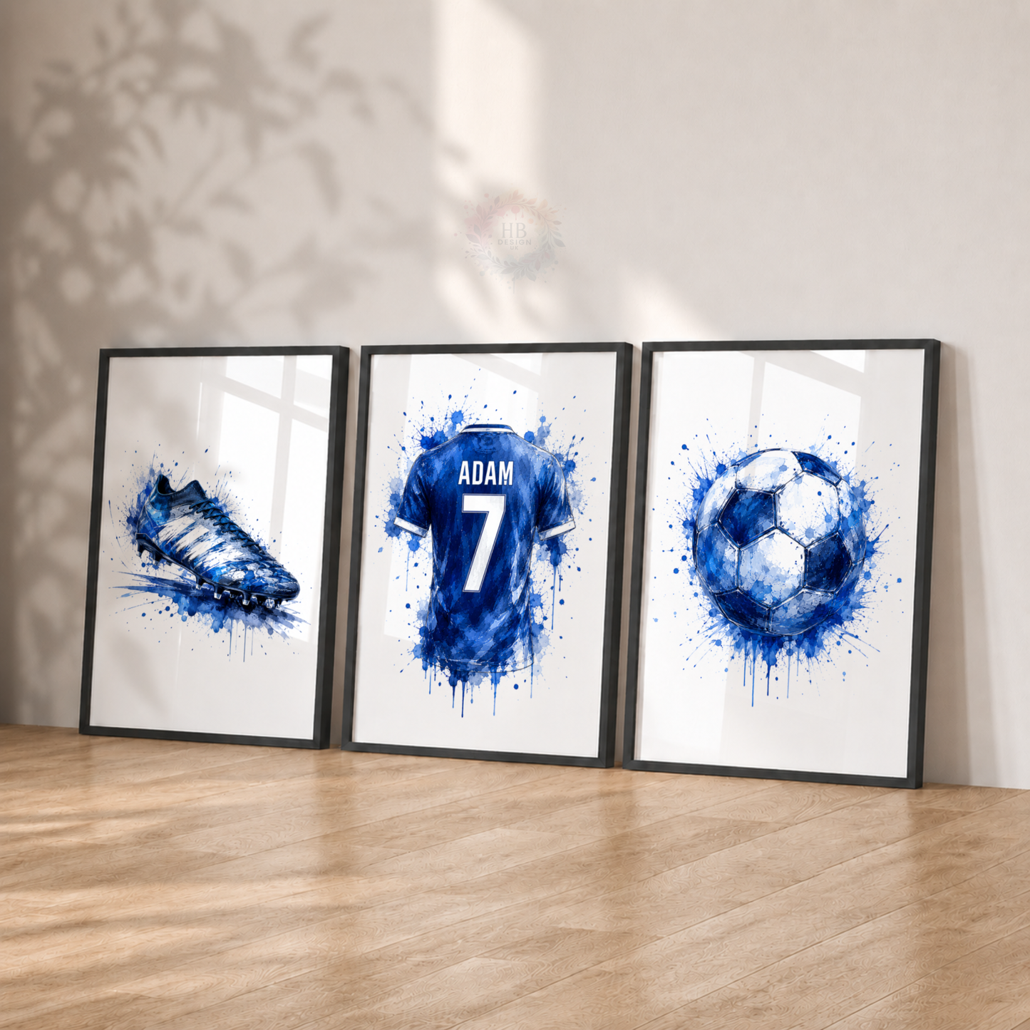 Personalised Blue Watercolour Football Wall Art Set – Name & Number Prints