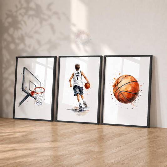 Personalised Basketball Wall Art Prints – Set of 3 Watercolour Player, Hoop & Ball Prints