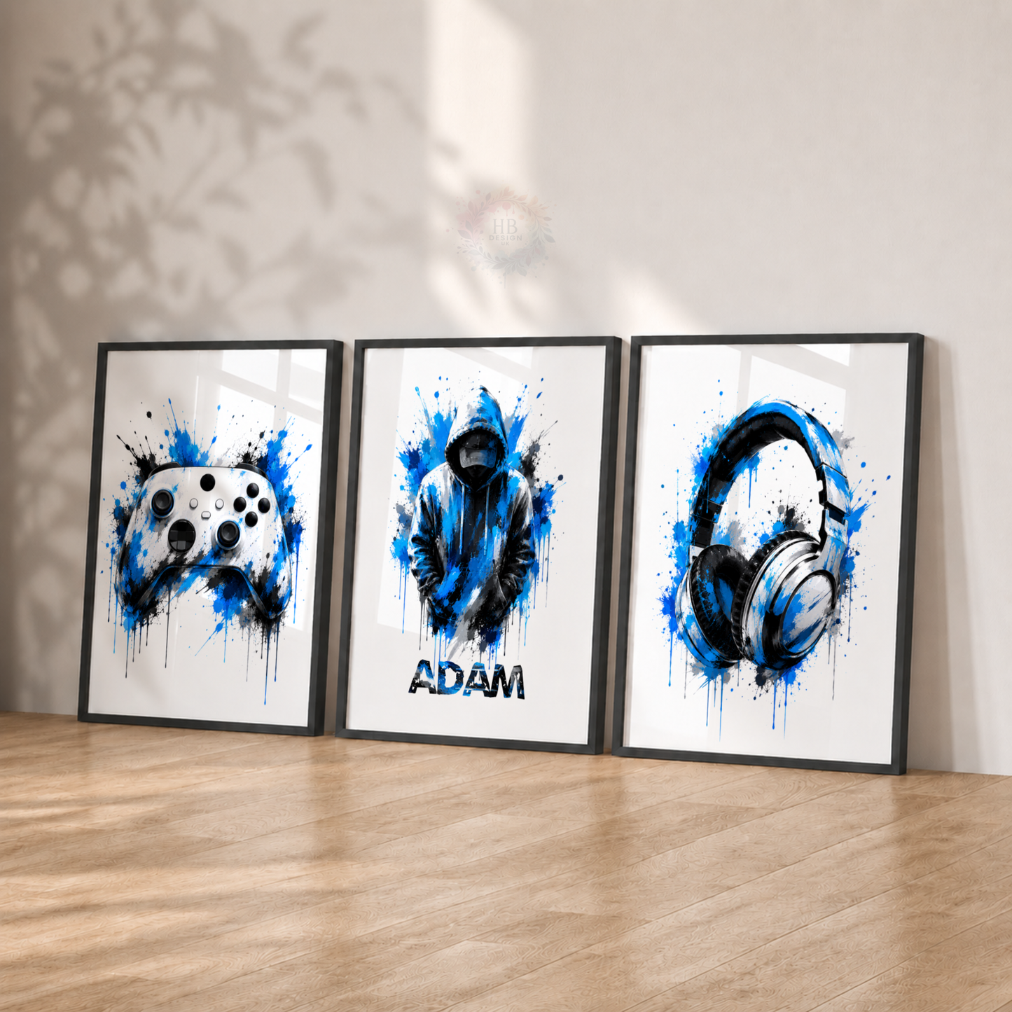 Personalised Blue Gamer Wall Art Set – Gaming Controller, Gamer & Headphones Prints
