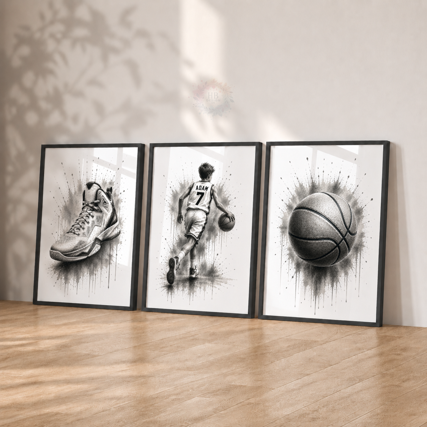 Personalised Basketball Wall Art Print Set – Black & White Custom Name & Number