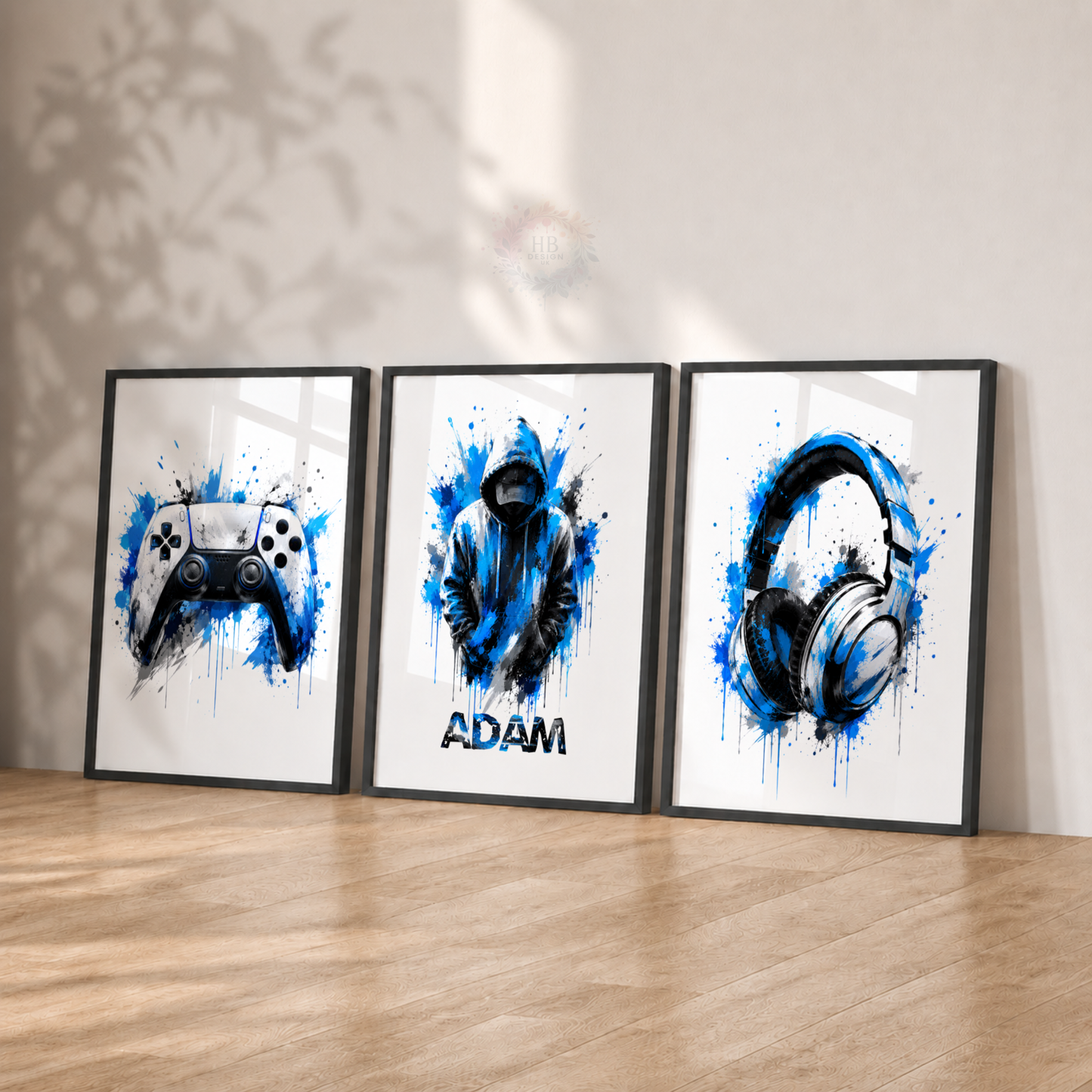 Personalised Blue Gaming Wall Art Set – Gamer, Controller & Headphones Prints