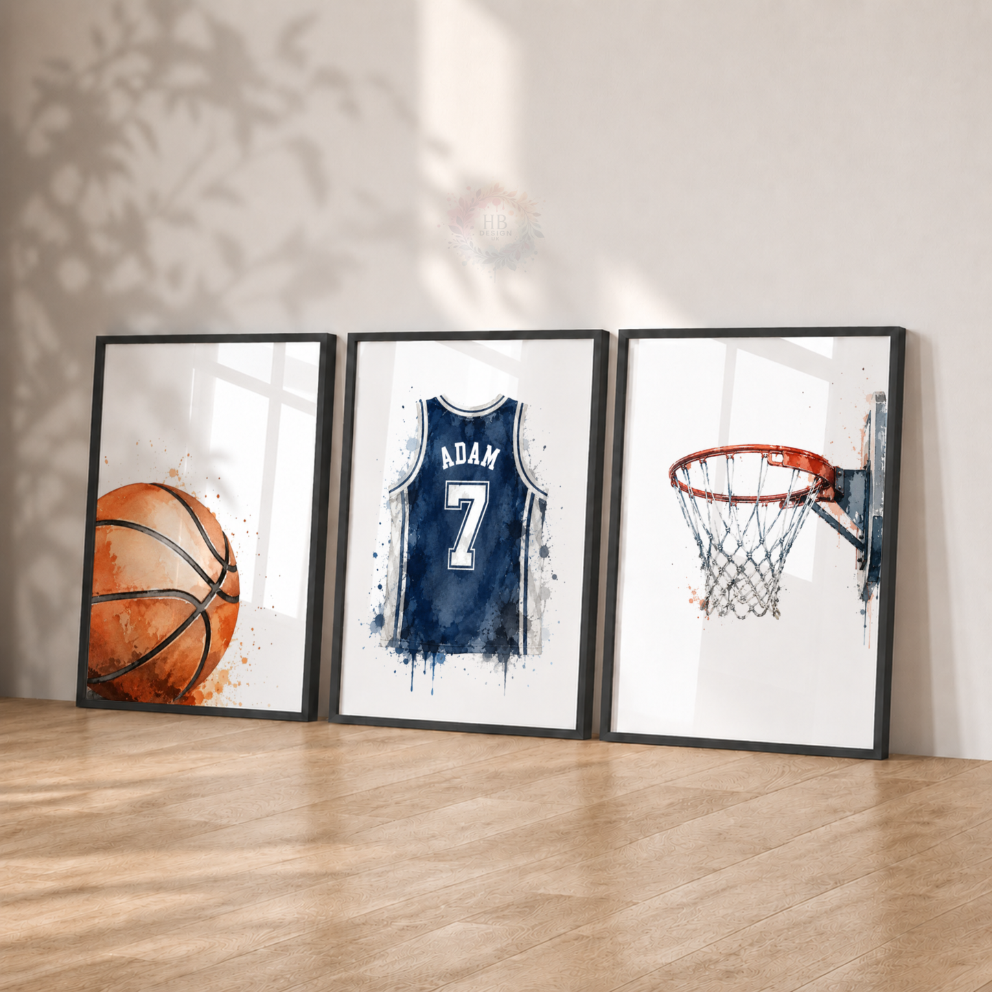Personalised Basketball Prints – Set of 3 Watercolour Ball, Jersey & Hoop Wall Art