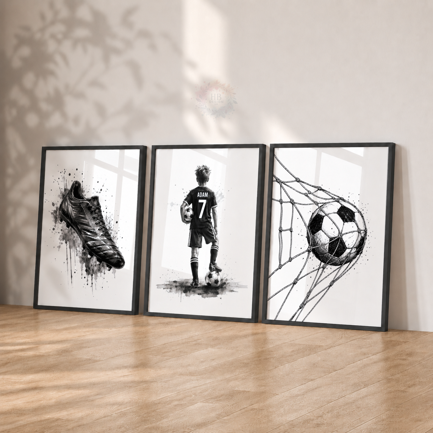 Personalised Black & White Football Wall Art Set – Name & Number Prints