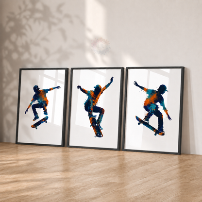 Skateboard Wall Art Prints – Set of 3 Colourful Skateboarding Prints for Boys’ Bedroom