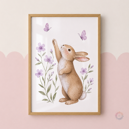 Personalised Woodland Nursery Prints – Bunny, Deer & Purple Floral Wall Art Set