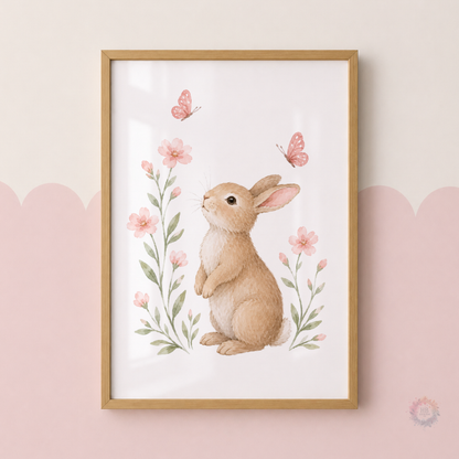 Personalised Woodland Nursery Prints – Bunny, Deer & Pink Floral Wall Art Set