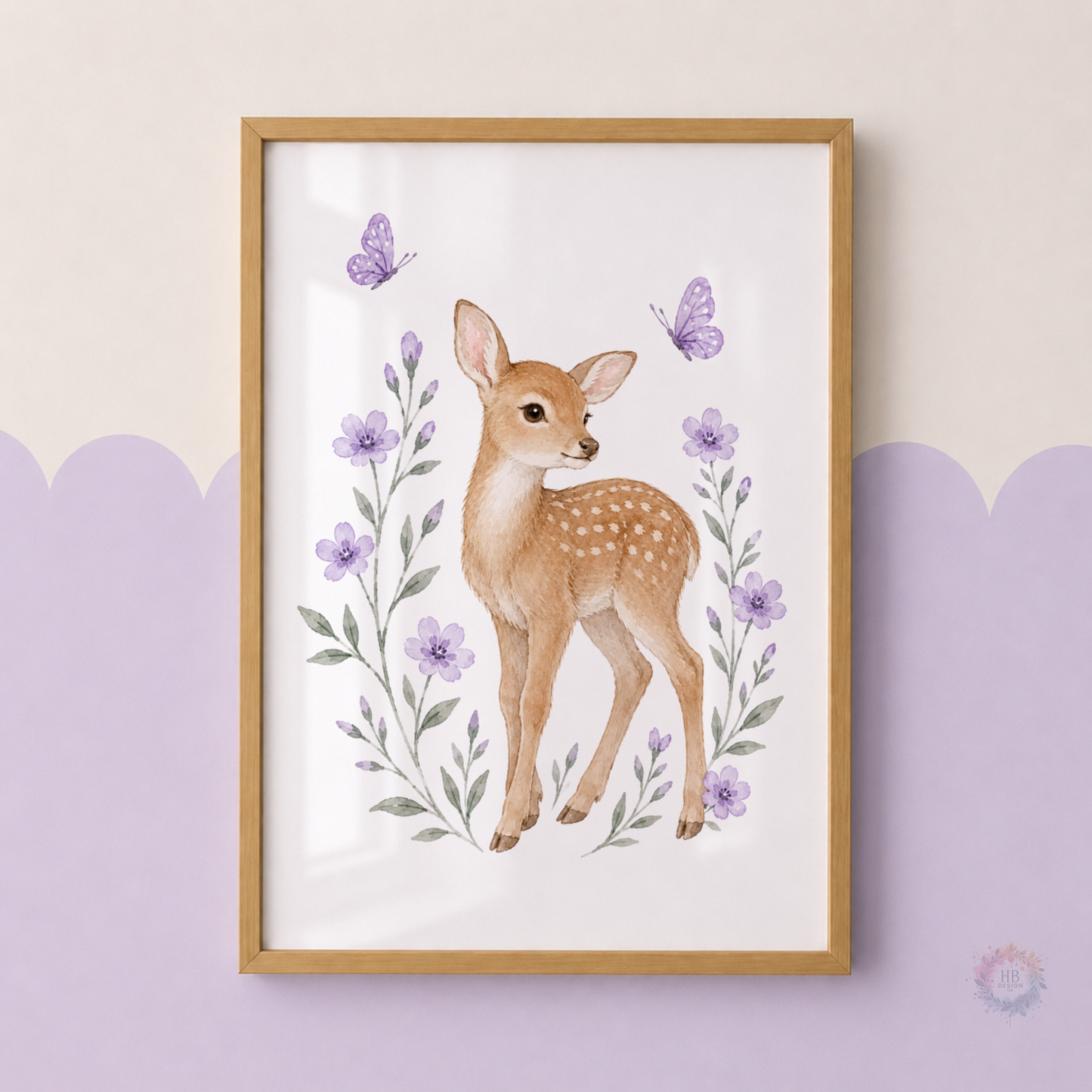 Personalised Woodland Nursery Prints – Bunny, Deer & Purple Floral Wall Art Set