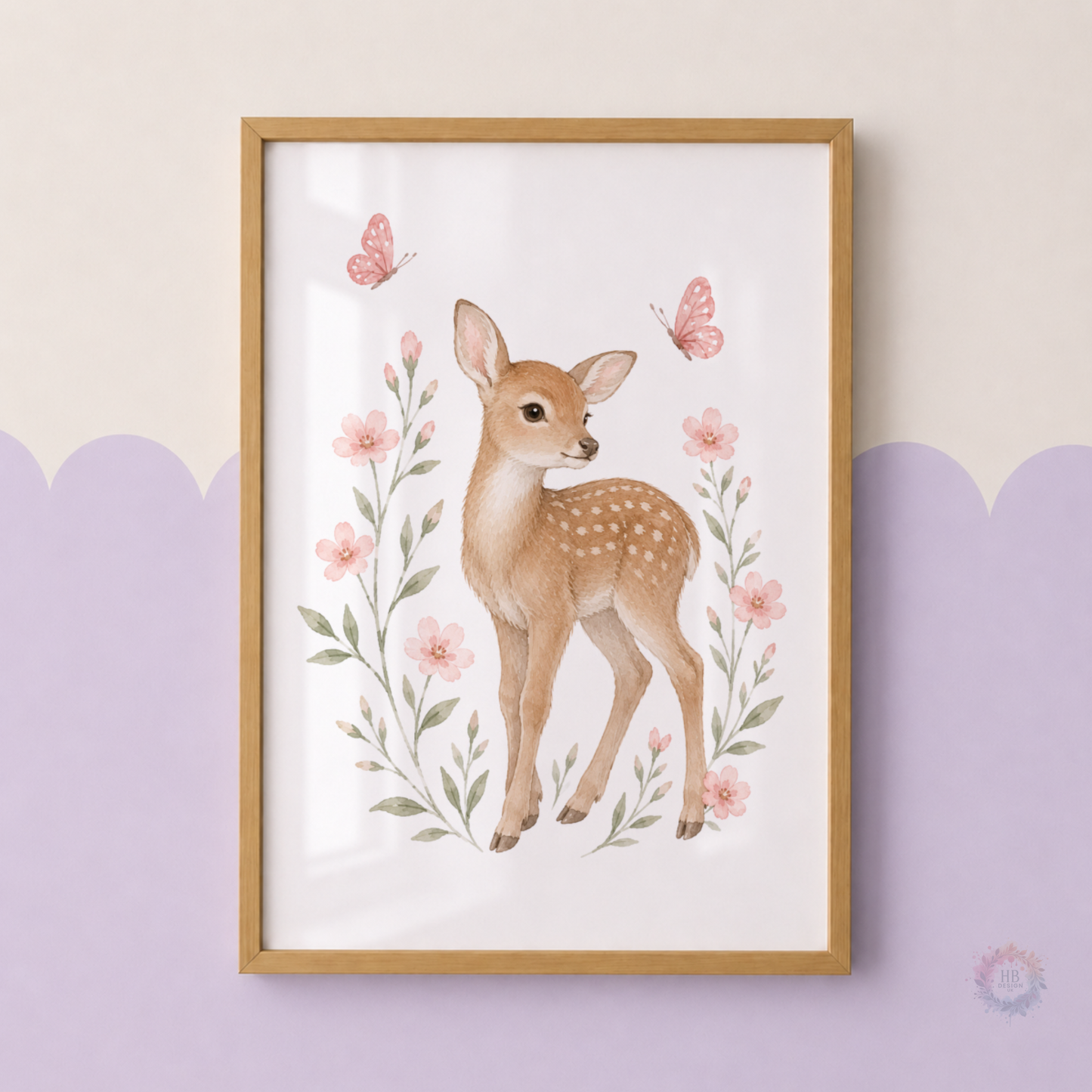 Personalised Woodland Nursery Prints – Bunny, Deer & Pink Floral Wall Art Set