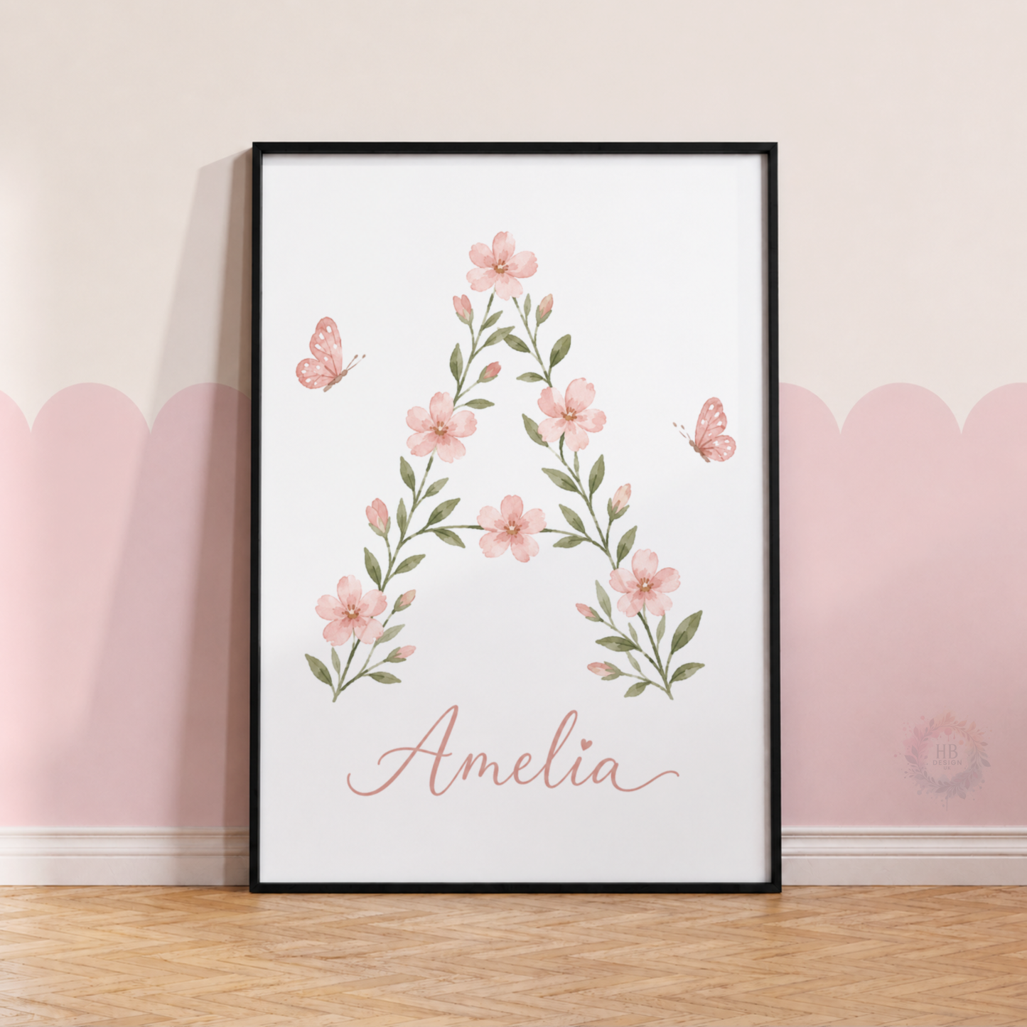 Personalised Woodland Nursery Prints – Bunny, Deer & Pink Floral Wall Art Set