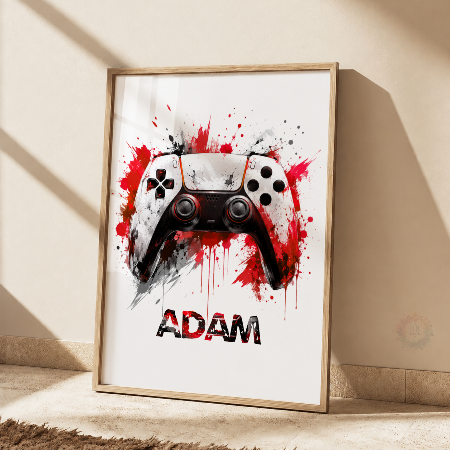 Personalised Red & Black Gaming Controller Print – Custom Name Gamer Wall Art