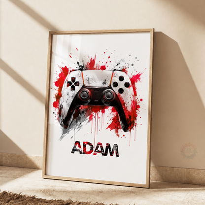 Personalised Red & Black Gaming Controller Print – Custom Name Gamer Wall Art