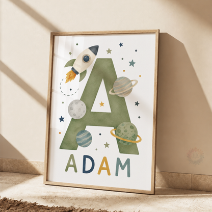 Personalised Space Initial Print – Rocket & Planets Nursery Wall Art