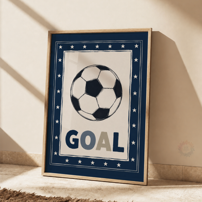 Goal Football Print – Navy Soccer Wall Art for Boys Bedroom