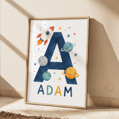 Personalised Space Initial Print – Blue Rocket & Planets Nursery Wall Art