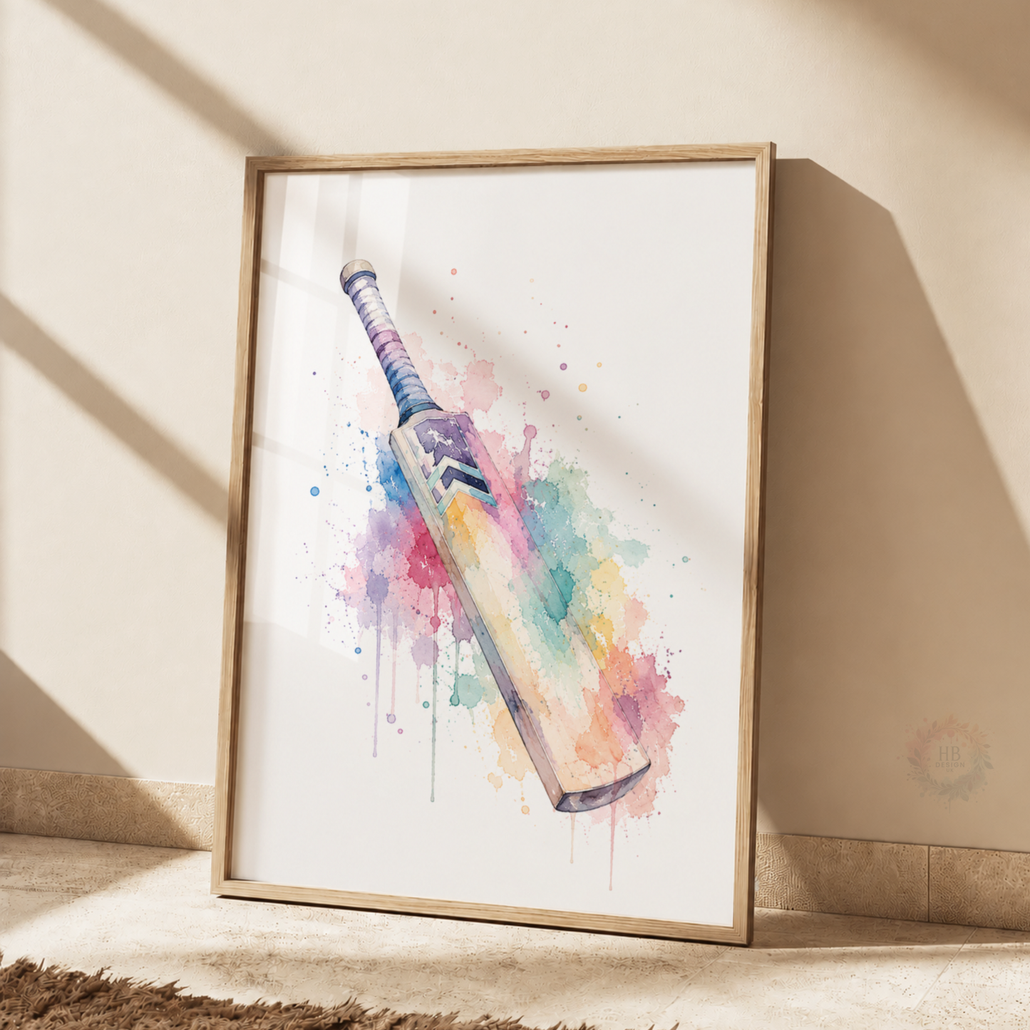 Personalised Cricket Wall Art Prints – Set of 3 Watercolour Bat, Player & Helmet Prints