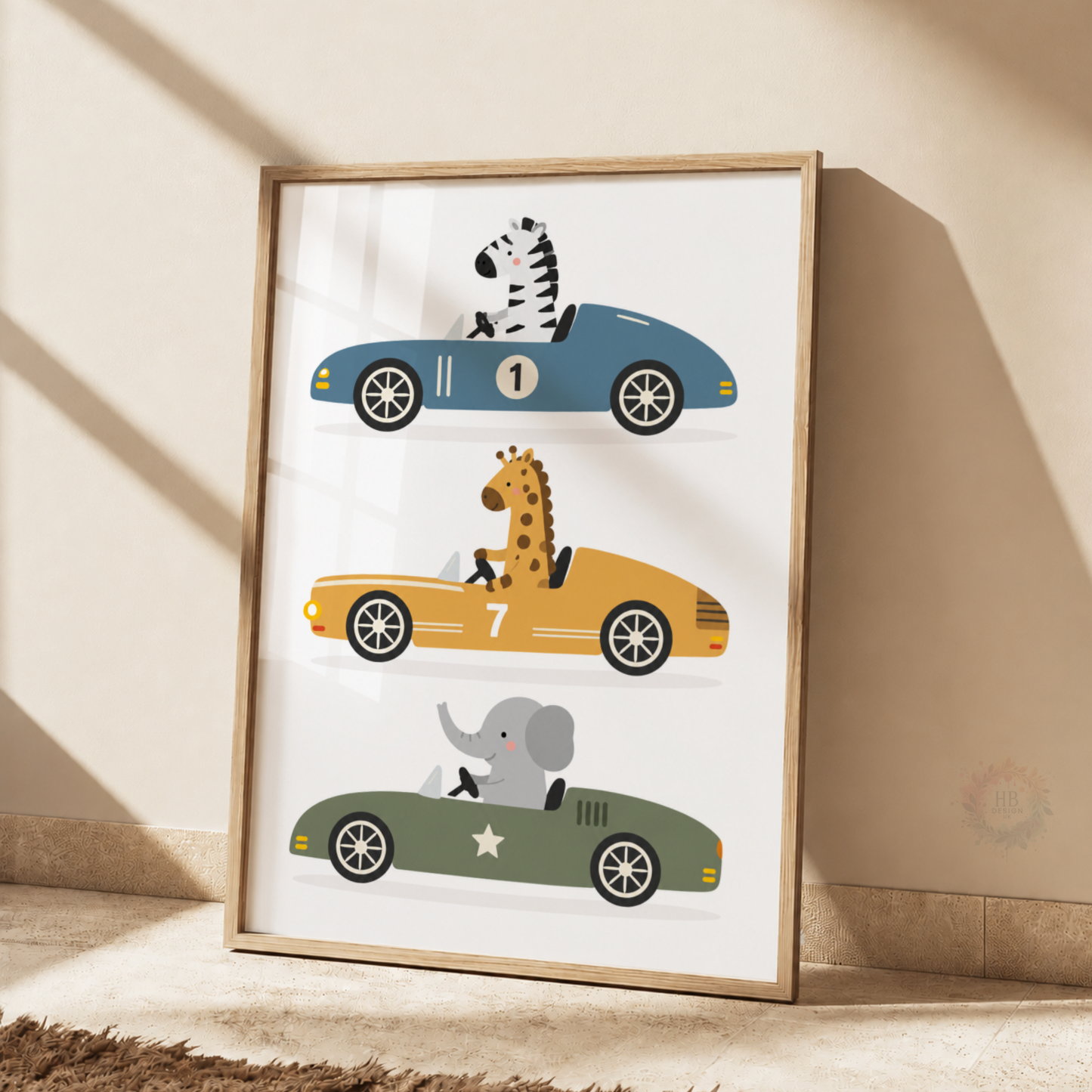 Safari Animal Racing Cars Print – Zebra, Giraffe & Elephant Nursery Wall Art