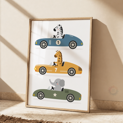 Safari Animal Racing Cars Print – Zebra, Giraffe & Elephant Nursery Wall Art