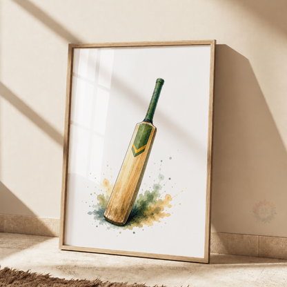 Personalised Cricket Prints – Set of 3 Green Watercolour Bat, Player & Helmet Wall Art