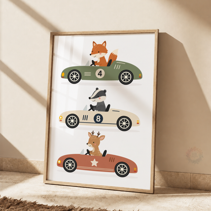 Woodland Animal Racing Cars Print – Fox, Badger & Deer Nursery Wall Art