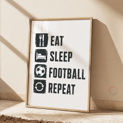 Eat Sleep Football Repeat Wall Art Set – Black & White Football Prints