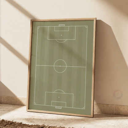 Minimalist Football Pitch Print – Sage Green Soccer Wall Art for Boys Bedroom