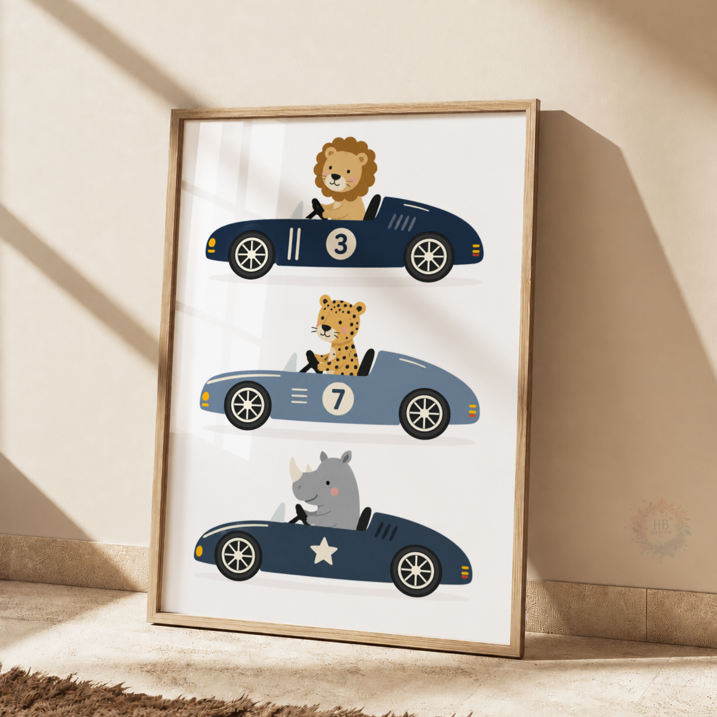 Safari Animal Racing Cars Print – Lion, Cheetah & Rhino Nursery Wall Art