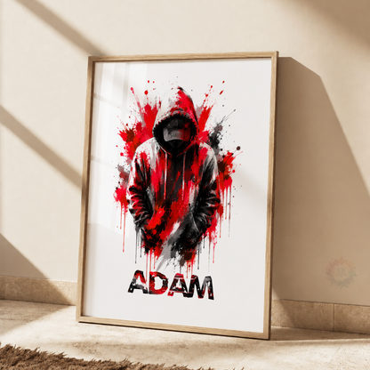Personalised Red & Black Gamer Print – Custom Name Hooded Gaming Wall Art