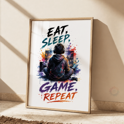 Eat Sleep Game Repeat Gaming Print – Colourful Gamer Bedroom Wall Art
