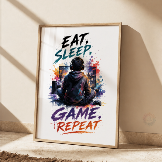 Eat Sleep Game Repeat Gaming Print – Colourful Gamer Bedroom Wall Art