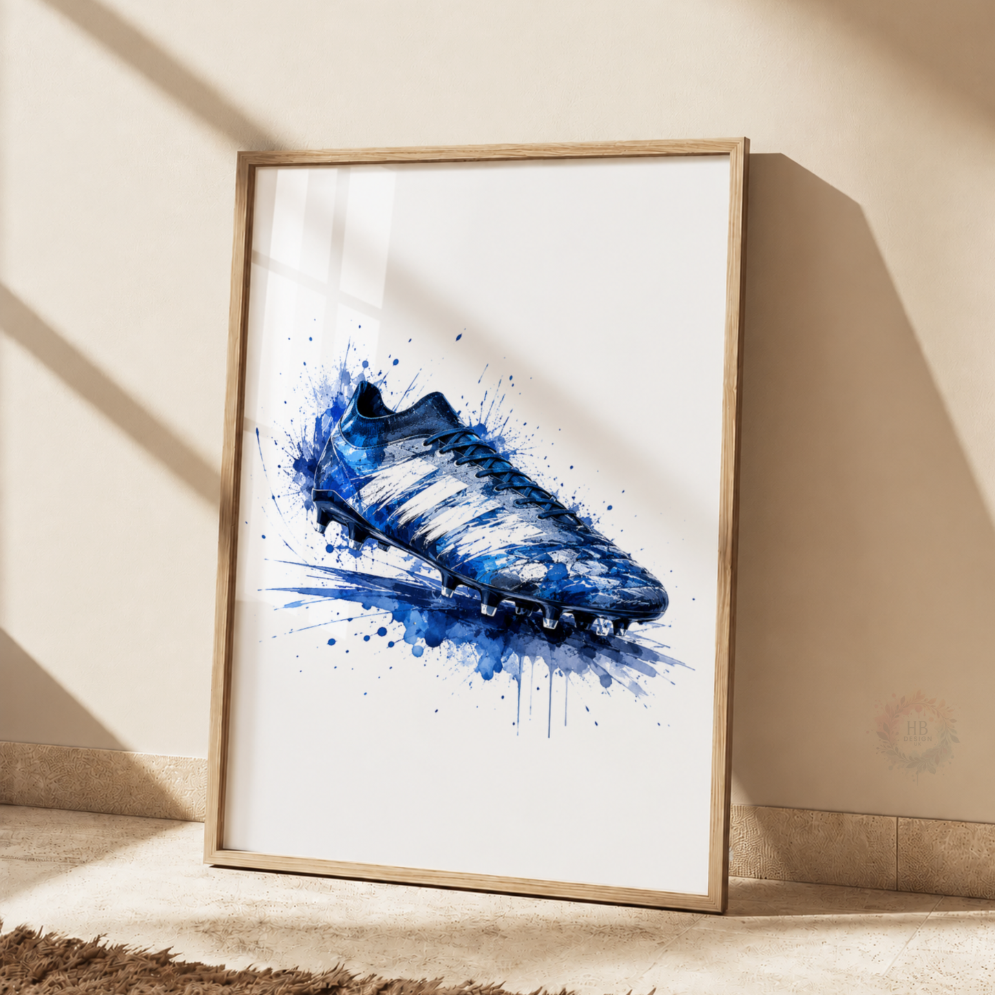 Personalised Blue Watercolour Football Wall Art Set – Name & Number Prints
