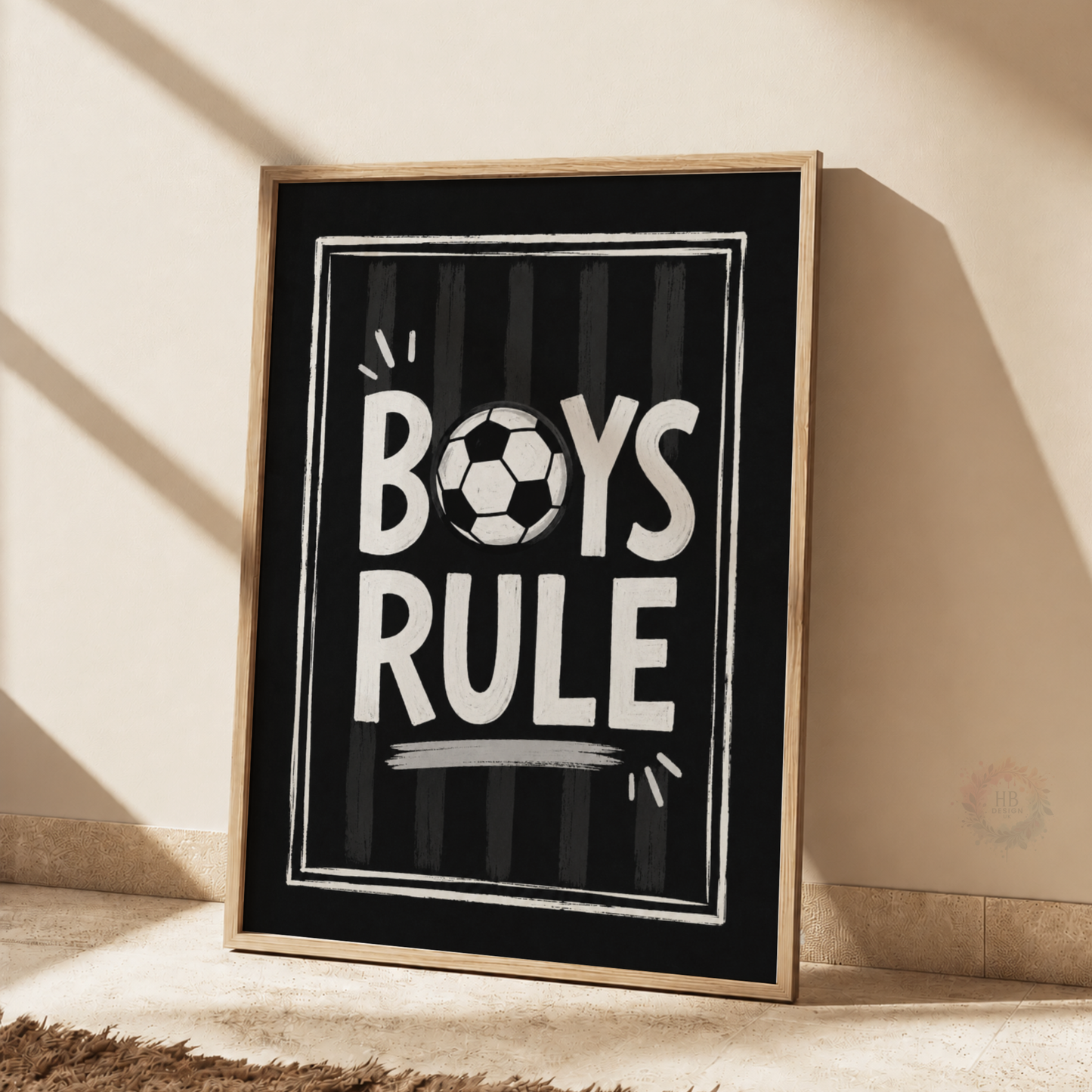 Boys Rule Football Print – Black & White Soccer Wall Art for Boys Bedroom