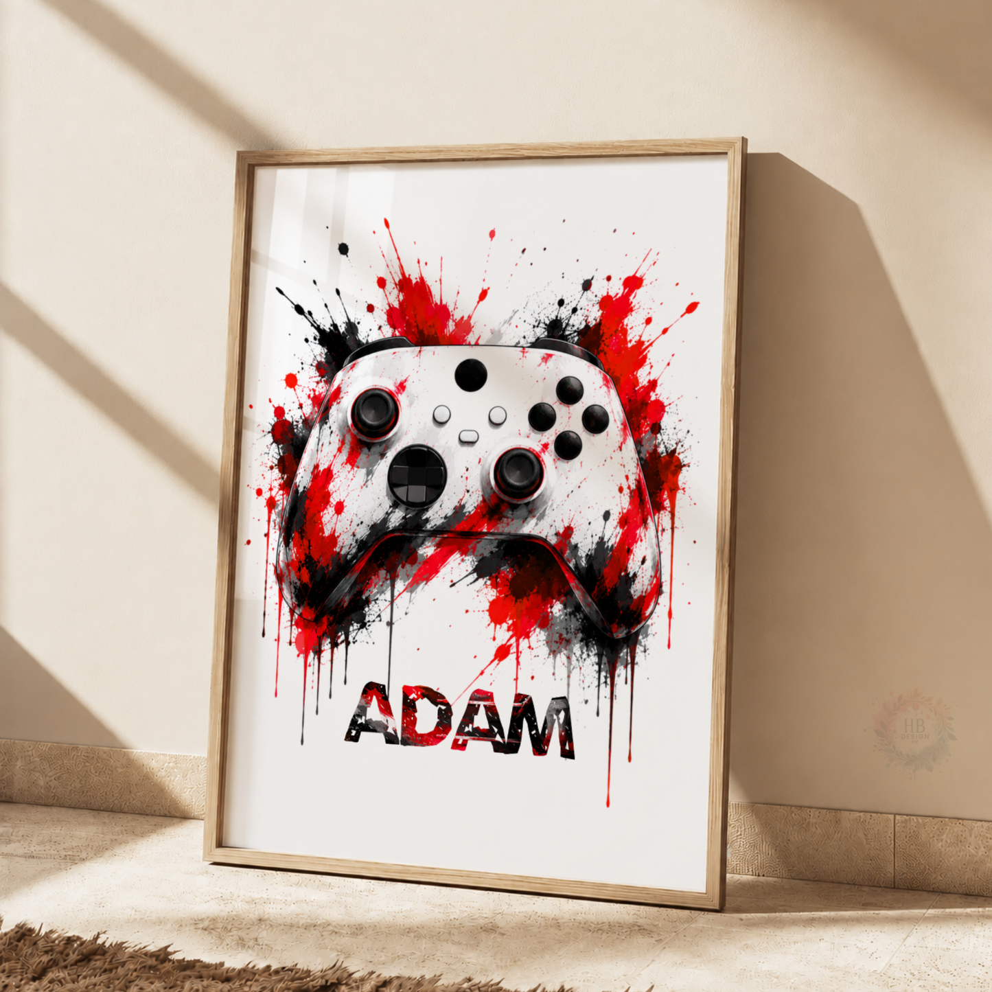 Personalised Red & Black Gaming Controller Print – Custom Name Gamer Wall Art