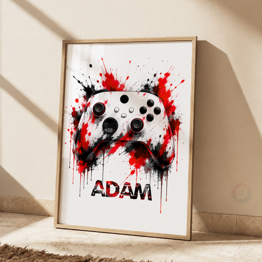 Personalised Red & Black Gaming Controller Print – Custom Name Gamer Wall Art