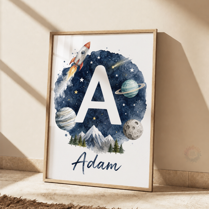 Personalised Space Initial Print – Watercolour Rocket & Planets Nursery Wall Art