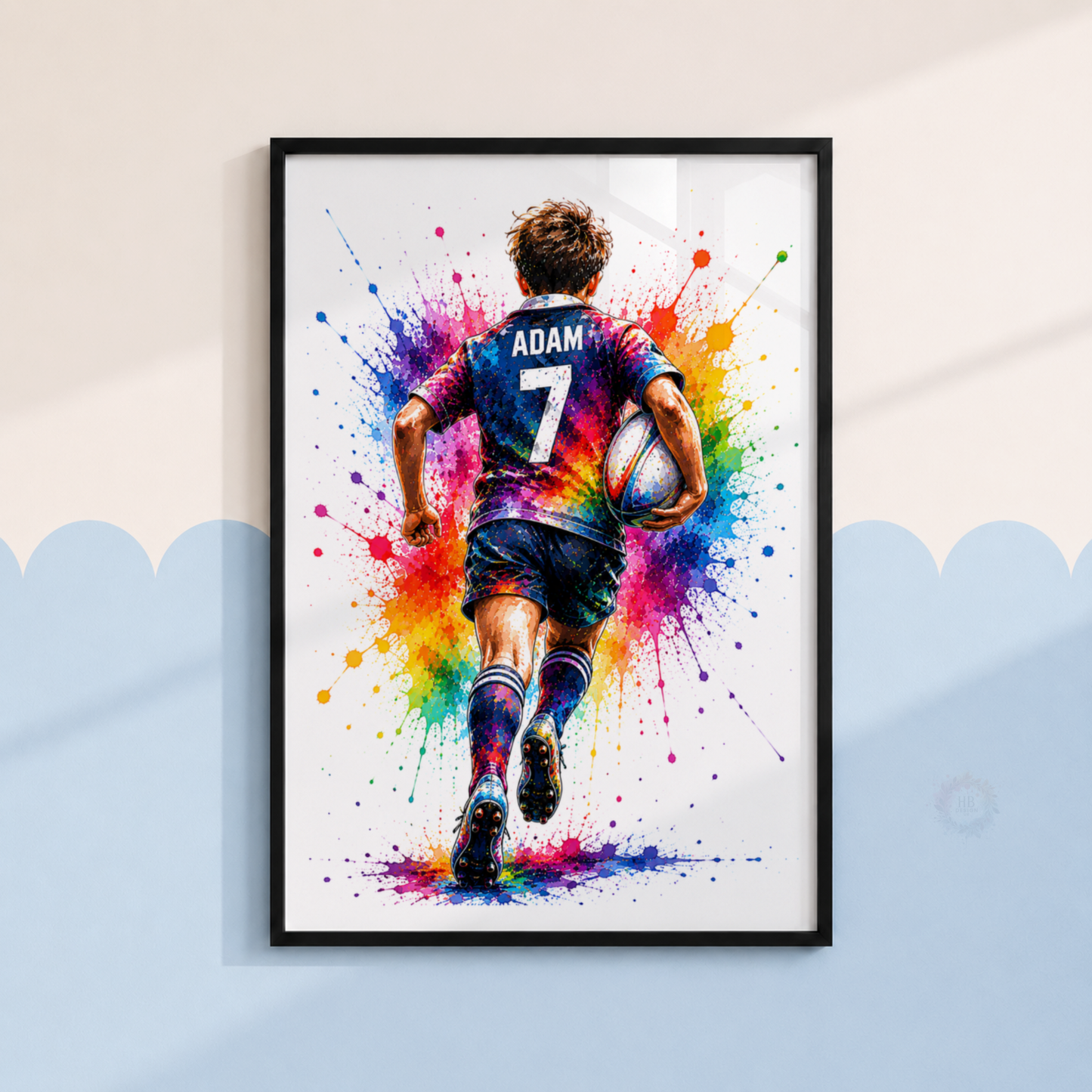 Personalised Rugby Wall Art Print Set – Colourful Custom Name & Number