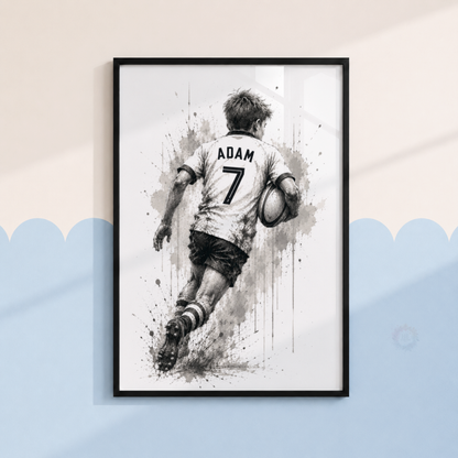 Personalised Rugby Wall Art Set – Black & White Boys Bedroom Sports Prints