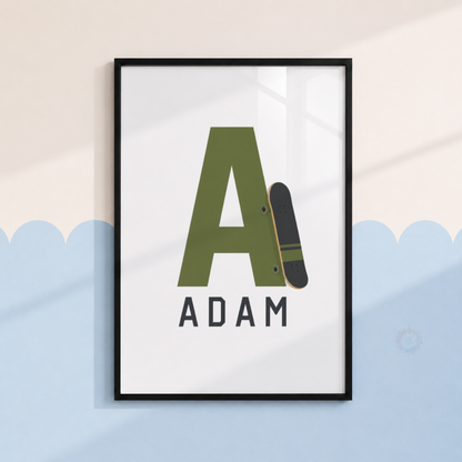 Personalised Skateboard Bedroom Prints – Set of 3 Helmet, Skateboard & Name Wall Art
