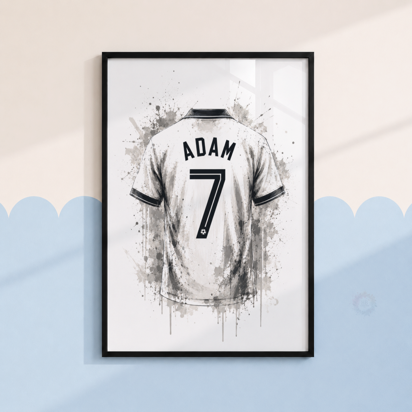Personalised Black & White Football Wall Art Set – Name & Number Shirt Prints