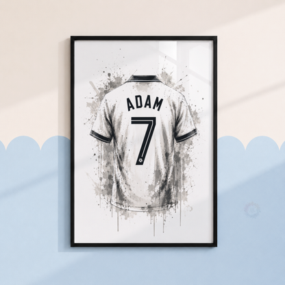 Personalised Black & White Football Wall Art Set – Name & Number Shirt Prints