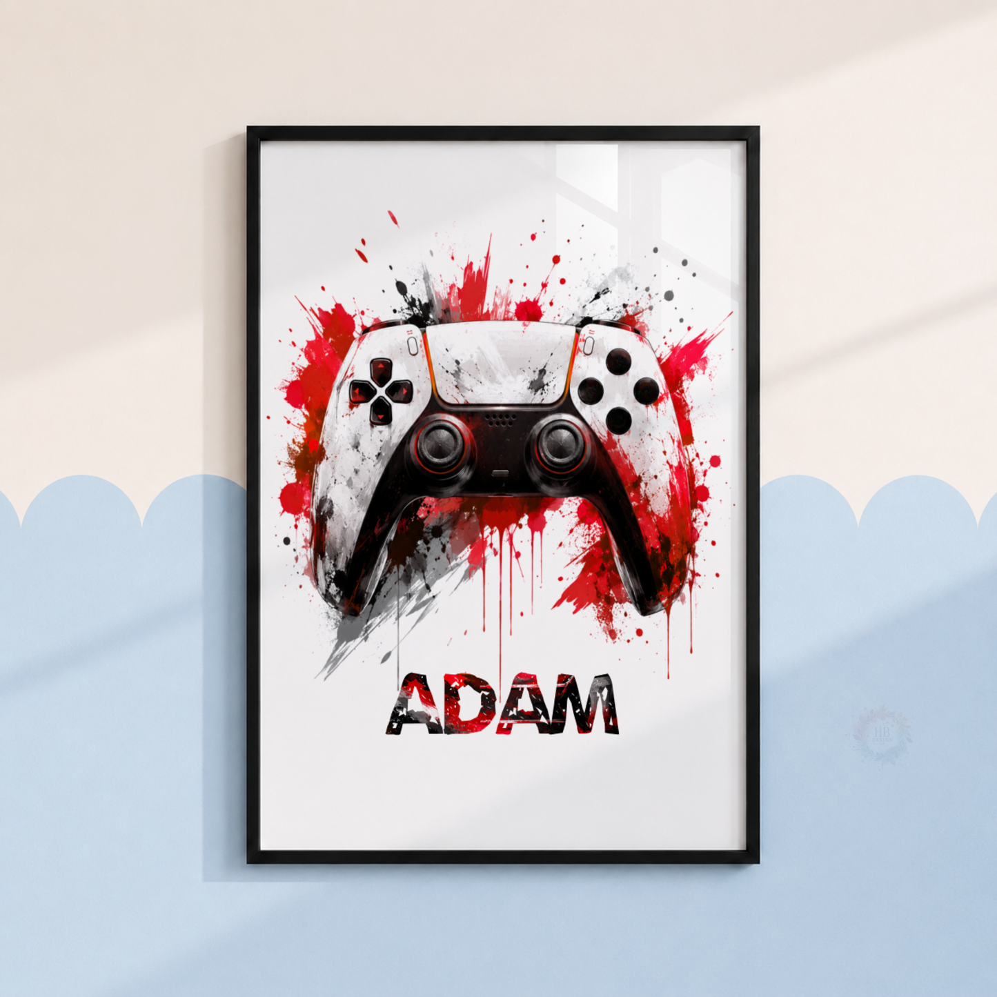 Personalised Red & Black Gaming Controller Print – Custom Name Gamer Wall Art