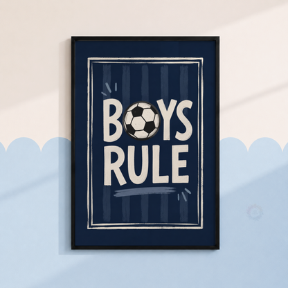 Boys Rule Football Print – Navy Soccer Wall Art for Boys Bedroom
