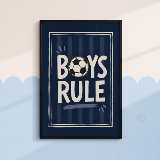Boys Rule Football Print – Navy Soccer Wall Art for Boys Bedroom