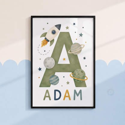 Personalised Space Initial Print – Rocket & Planets Nursery Wall Art