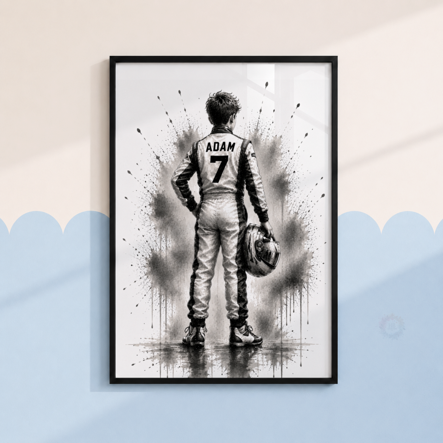Personalised F1 Racing Wall Art Print Set – Black & White Custom Name & Number