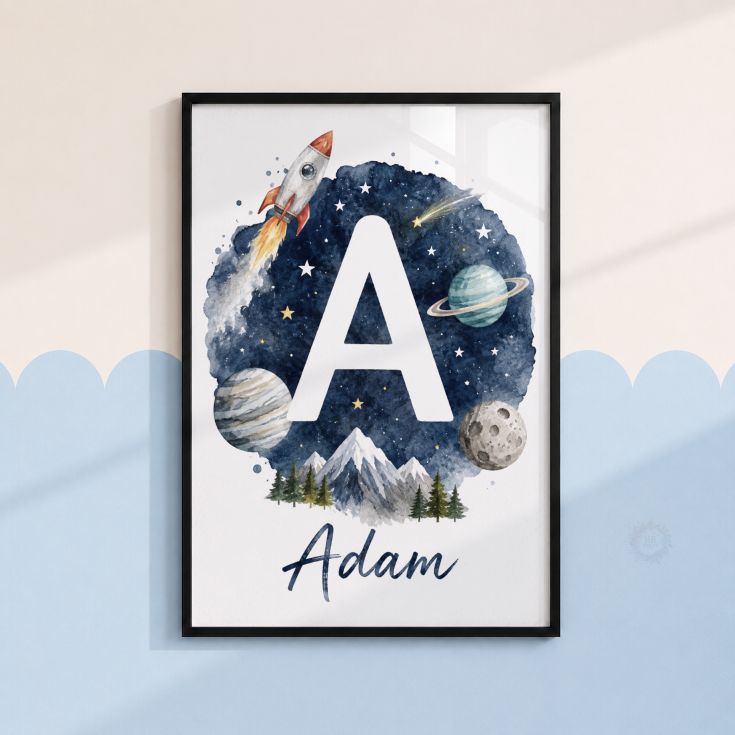 Personalised Space Initial Print – Watercolour Rocket & Planets Nursery Wall Art