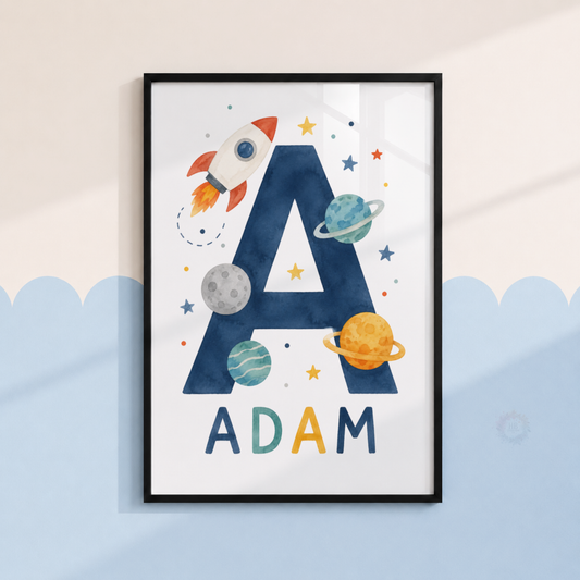 Personalised Space Initial Print – Blue Rocket & Planets Nursery Wall Art